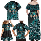 Brisbane Heat Cricket Mascot Family Matching Off Shoulder Maxi Dress and Hawaiian Shirt Aboriginal Dot Art Cyan And Black Tribal Pattern