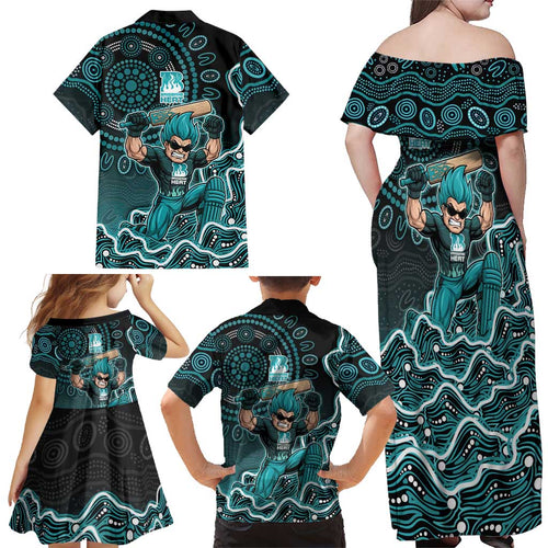 Brisbane Heat Cricket Mascot Family Matching Off Shoulder Maxi Dress and Hawaiian Shirt Aboriginal Dot Art Cyan And Black Tribal Pattern