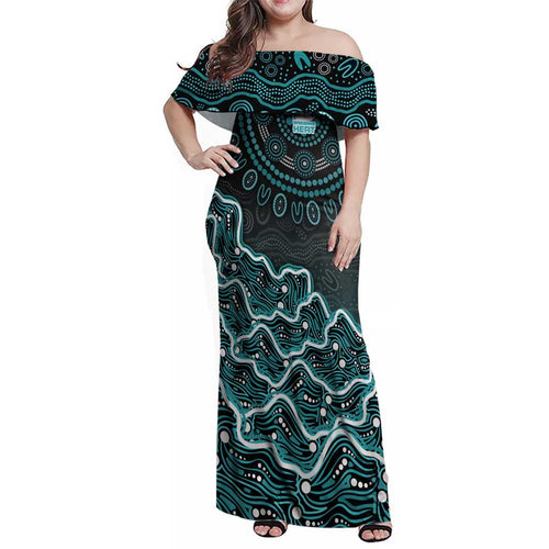 Brisbane Heat Cricket Mascot Family Matching Off Shoulder Maxi Dress and Hawaiian Shirt Aboriginal Dot Art Cyan And Black Tribal Pattern