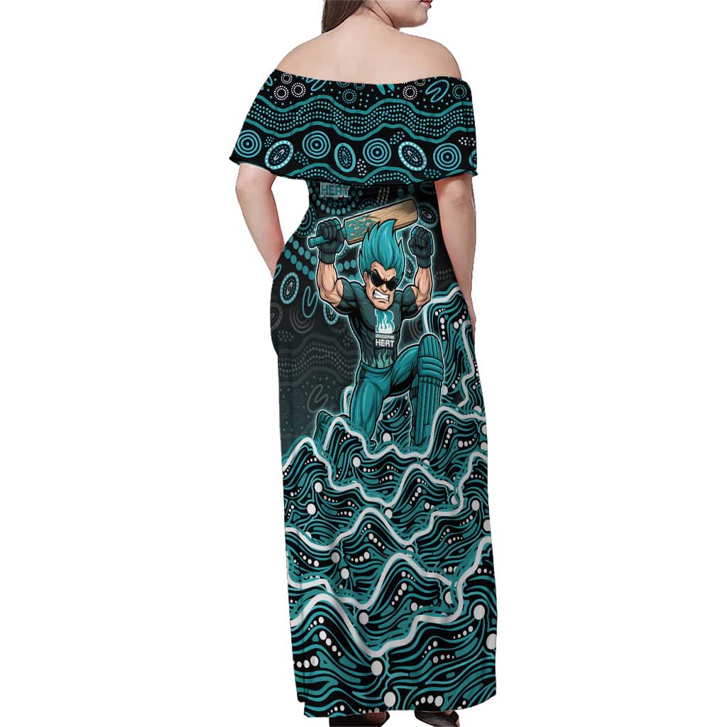 Brisbane Heat Cricket Mascot Family Matching Off Shoulder Maxi Dress and Hawaiian Shirt Aboriginal Dot Art Cyan And Black Tribal Pattern