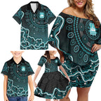 Brisbane Heat Cricket Mascot Family Matching Off Shoulder Short Dress and Hawaiian Shirt Aboriginal Dot Art Cyan And Black Tribal Pattern