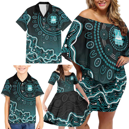 Brisbane Heat Cricket Mascot Family Matching Off Shoulder Short Dress and Hawaiian Shirt Aboriginal Dot Art Cyan And Black Tribal Pattern