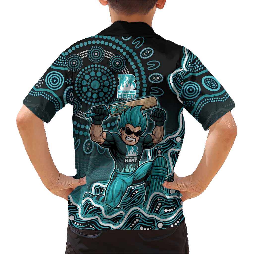 Brisbane Heat Cricket Mascot Family Matching Off Shoulder Short Dress and Hawaiian Shirt Aboriginal Dot Art Cyan And Black Tribal Pattern