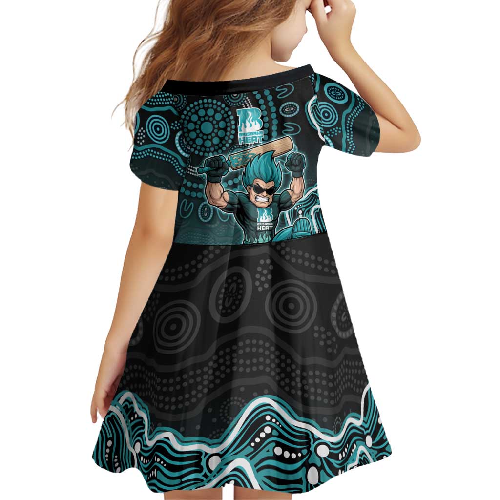 Brisbane Heat Cricket Mascot Family Matching Off Shoulder Short Dress and Hawaiian Shirt Aboriginal Dot Art Cyan And Black Tribal Pattern