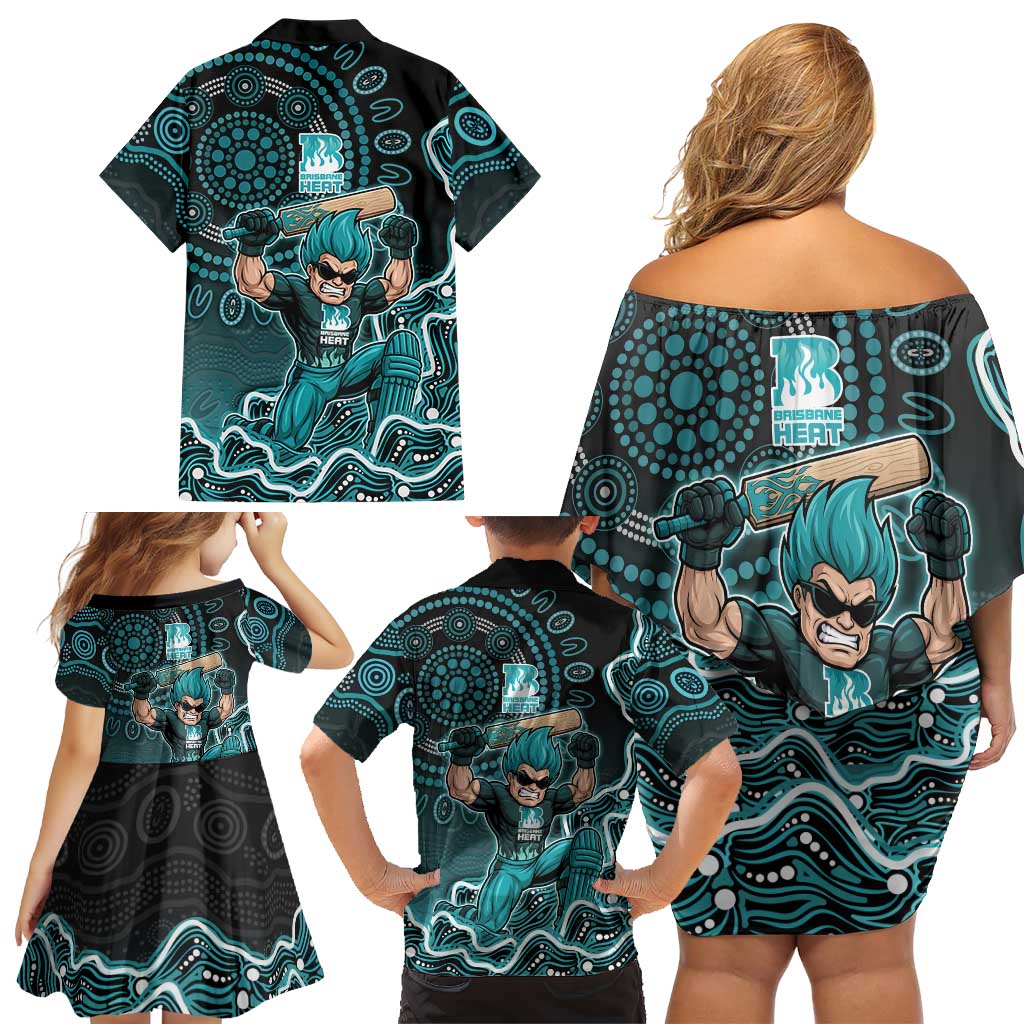 Brisbane Heat Cricket Mascot Family Matching Off Shoulder Short Dress and Hawaiian Shirt Aboriginal Dot Art Cyan And Black Tribal Pattern