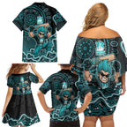 Brisbane Heat Cricket Mascot Family Matching Off Shoulder Short Dress and Hawaiian Shirt Aboriginal Dot Art Cyan And Black Tribal Pattern