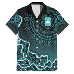 Brisbane Heat Cricket Mascot Family Matching Off Shoulder Short Dress and Hawaiian Shirt Aboriginal Dot Art Cyan And Black Tribal Pattern