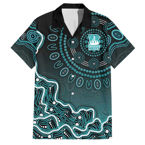 Brisbane Heat Cricket Mascot Family Matching Off Shoulder Short Dress and Hawaiian Shirt Aboriginal Dot Art Cyan And Black Tribal Pattern