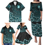 Brisbane Heat Cricket Mascot Family Matching Puletasi and Hawaiian Shirt Aboriginal Dot Art Cyan And Black Tribal Pattern