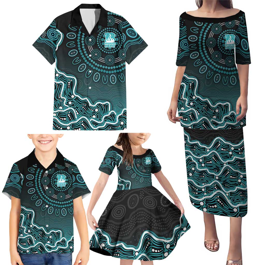 Brisbane Heat Cricket Mascot Family Matching Puletasi and Hawaiian Shirt Aboriginal Dot Art Cyan And Black Tribal Pattern