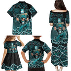 Brisbane Heat Cricket Mascot Family Matching Puletasi and Hawaiian Shirt Aboriginal Dot Art Cyan And Black Tribal Pattern