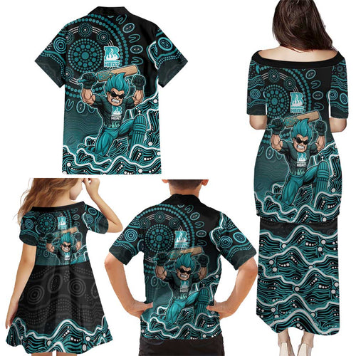 Brisbane Heat Cricket Mascot Family Matching Puletasi and Hawaiian Shirt Aboriginal Dot Art Cyan And Black Tribal Pattern