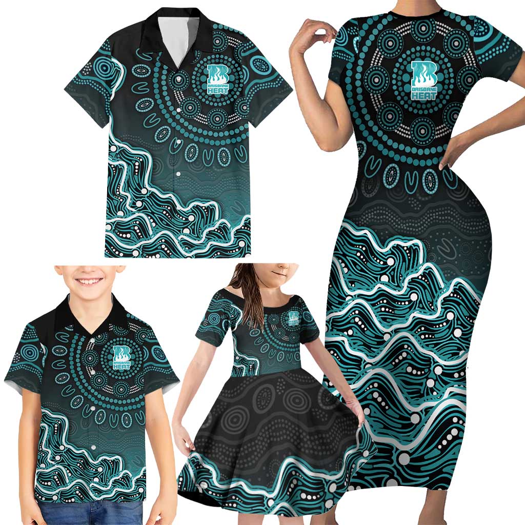 Brisbane Heat Cricket Mascot Family Matching Short Sleeve Bodycon Dress and Hawaiian Shirt Aboriginal Dot Art Cyan And Black Tribal Pattern