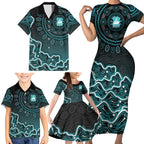 Brisbane Heat Cricket Mascot Family Matching Short Sleeve Bodycon Dress and Hawaiian Shirt Aboriginal Dot Art Cyan And Black Tribal Pattern