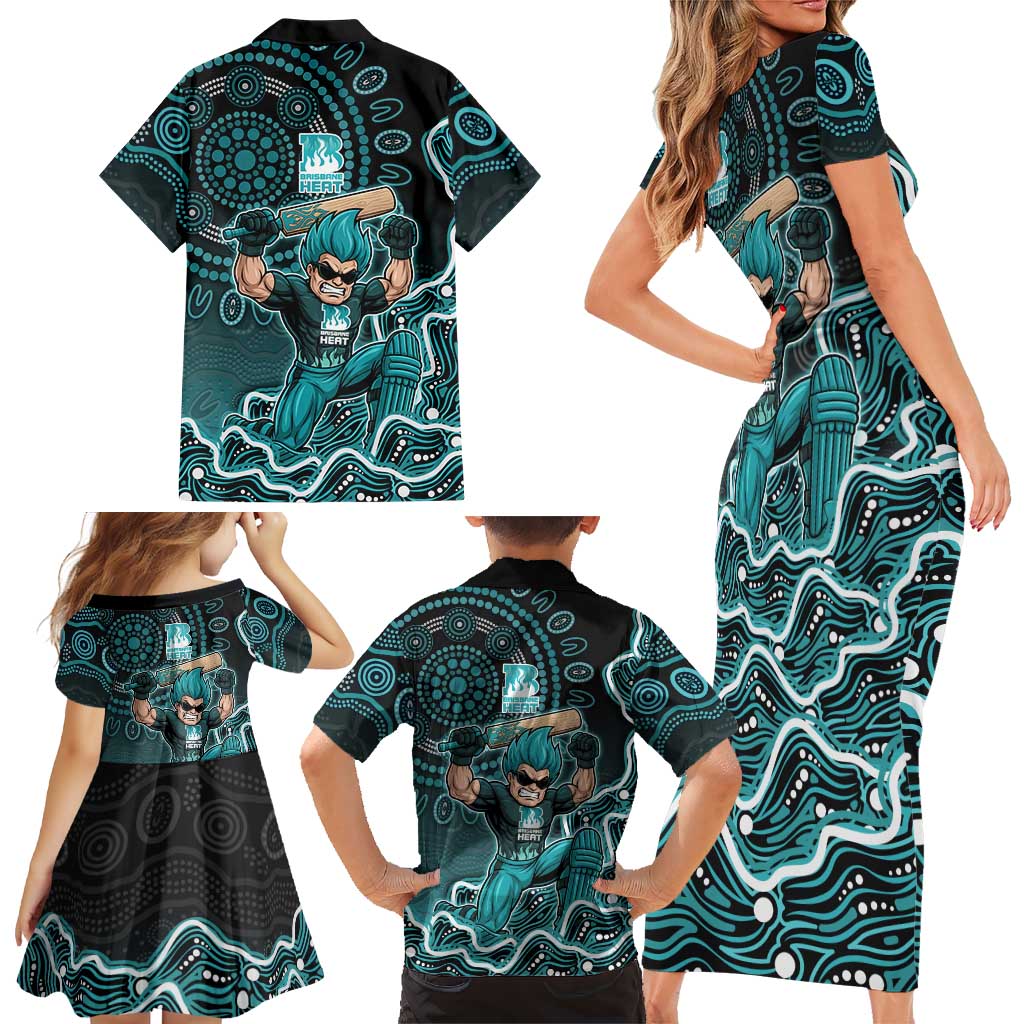 Brisbane Heat Cricket Mascot Family Matching Short Sleeve Bodycon Dress and Hawaiian Shirt Aboriginal Dot Art Cyan And Black Tribal Pattern