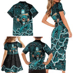 Brisbane Heat Cricket Mascot Family Matching Short Sleeve Bodycon Dress and Hawaiian Shirt Aboriginal Dot Art Cyan And Black Tribal Pattern