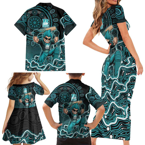 Brisbane Heat Cricket Mascot Family Matching Short Sleeve Bodycon Dress and Hawaiian Shirt Aboriginal Dot Art Cyan And Black Tribal Pattern