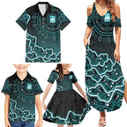 Brisbane Heat Cricket Mascot Family Matching Summer Maxi Dress and Hawaiian Shirt Aboriginal Dot Art Cyan And Black Tribal Pattern