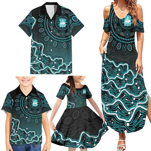 Brisbane Heat Cricket Mascot Family Matching Summer Maxi Dress and Hawaiian Shirt Aboriginal Dot Art Cyan And Black Tribal Pattern