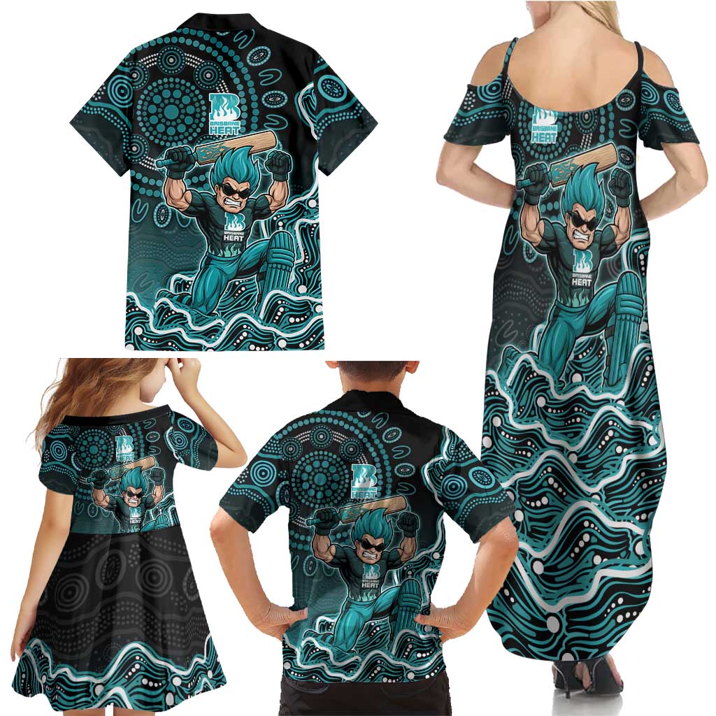 Brisbane Heat Cricket Mascot Family Matching Summer Maxi Dress and Hawaiian Shirt Aboriginal Dot Art Cyan And Black Tribal Pattern