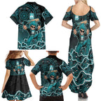 Brisbane Heat Cricket Mascot Family Matching Summer Maxi Dress and Hawaiian Shirt Aboriginal Dot Art Cyan And Black Tribal Pattern