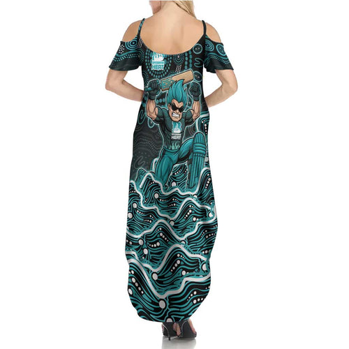 Brisbane Heat Cricket Mascot Family Matching Summer Maxi Dress and Hawaiian Shirt Aboriginal Dot Art Cyan And Black Tribal Pattern