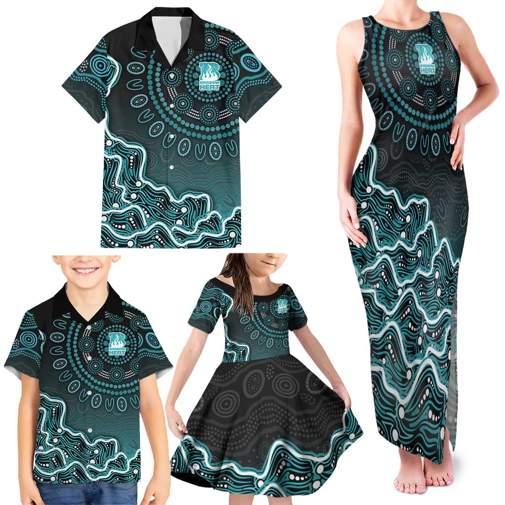 Brisbane Heat Cricket Mascot Family Matching Tank Maxi Dress and Hawaiian Shirt Aboriginal Dot Art Cyan And Black Tribal Pattern