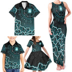 Brisbane Heat Cricket Mascot Family Matching Tank Maxi Dress and Hawaiian Shirt Aboriginal Dot Art Cyan And Black Tribal Pattern