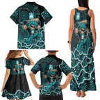 Brisbane Heat Cricket Mascot Family Matching Tank Maxi Dress and Hawaiian Shirt Aboriginal Dot Art Cyan And Black Tribal Pattern