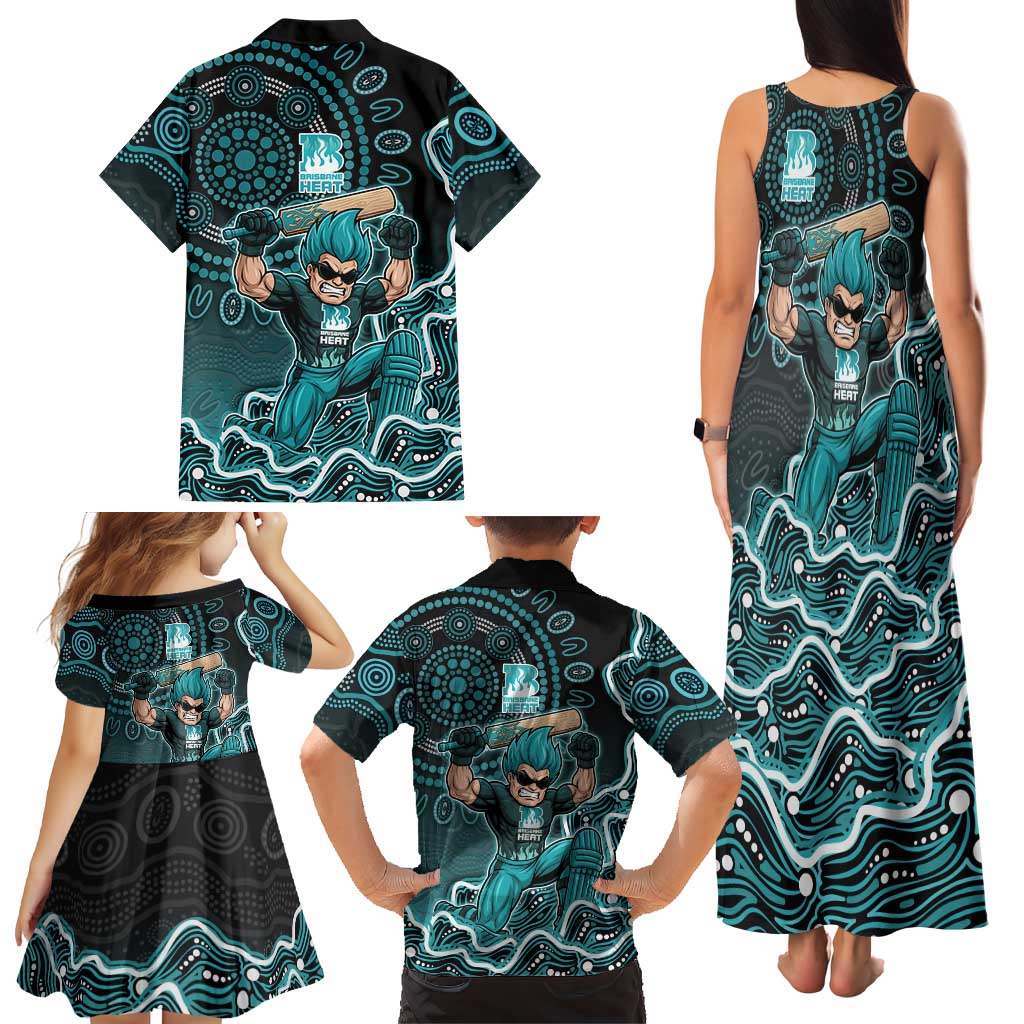 Brisbane Heat Cricket Mascot Family Matching Tank Maxi Dress and Hawaiian Shirt Aboriginal Dot Art Cyan And Black Tribal Pattern
