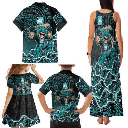 Brisbane Heat Cricket Mascot Family Matching Tank Maxi Dress and Hawaiian Shirt Aboriginal Dot Art Cyan And Black Tribal Pattern