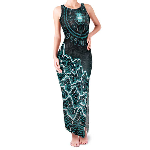 Brisbane Heat Cricket Mascot Family Matching Tank Maxi Dress and Hawaiian Shirt Aboriginal Dot Art Cyan And Black Tribal Pattern