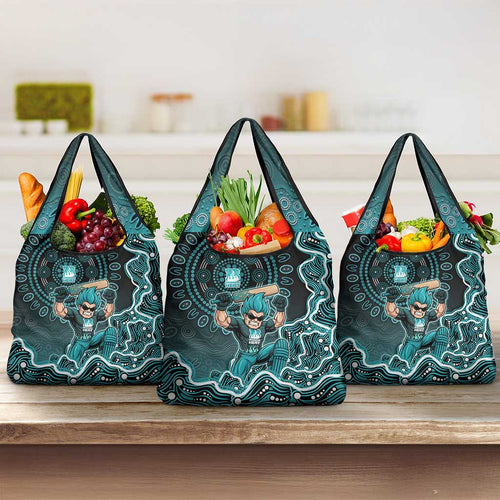 Brisbane Heat Cricket Mascot Grocery Bag Aboriginal Dot Art Cyan And Black Tribal Pattern