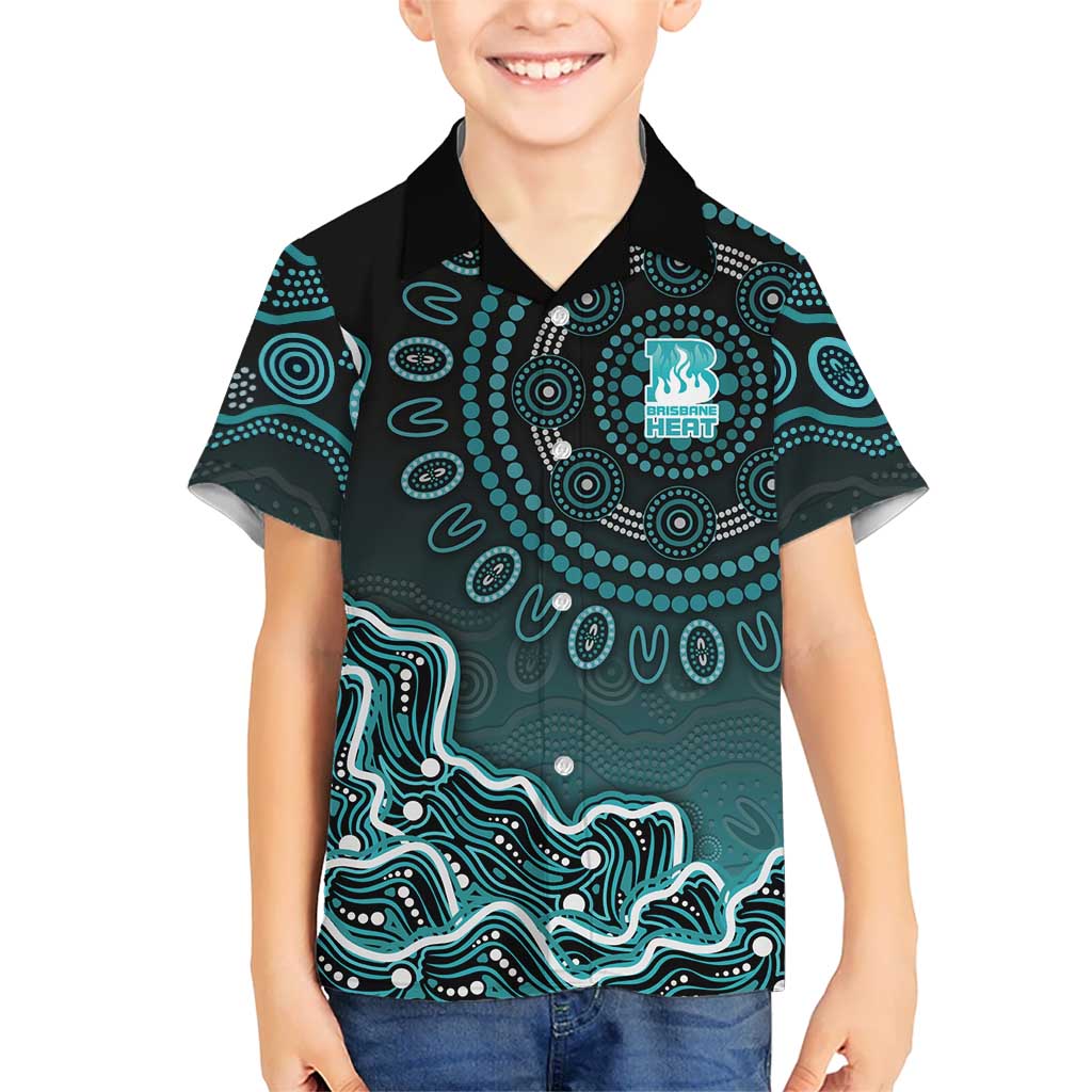 Brisbane Heat Cricket Mascot Kid Hawaiian Shirt Aboriginal Dot Art Cyan And Black Tribal Pattern