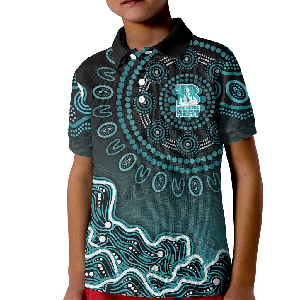 Brisbane Heat Cricket Mascot Kid Polo Shirt Aboriginal Dot Art Cyan And Black Tribal Pattern