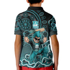 Brisbane Heat Cricket Mascot Kid Polo Shirt Aboriginal Dot Art Cyan And Black Tribal Pattern