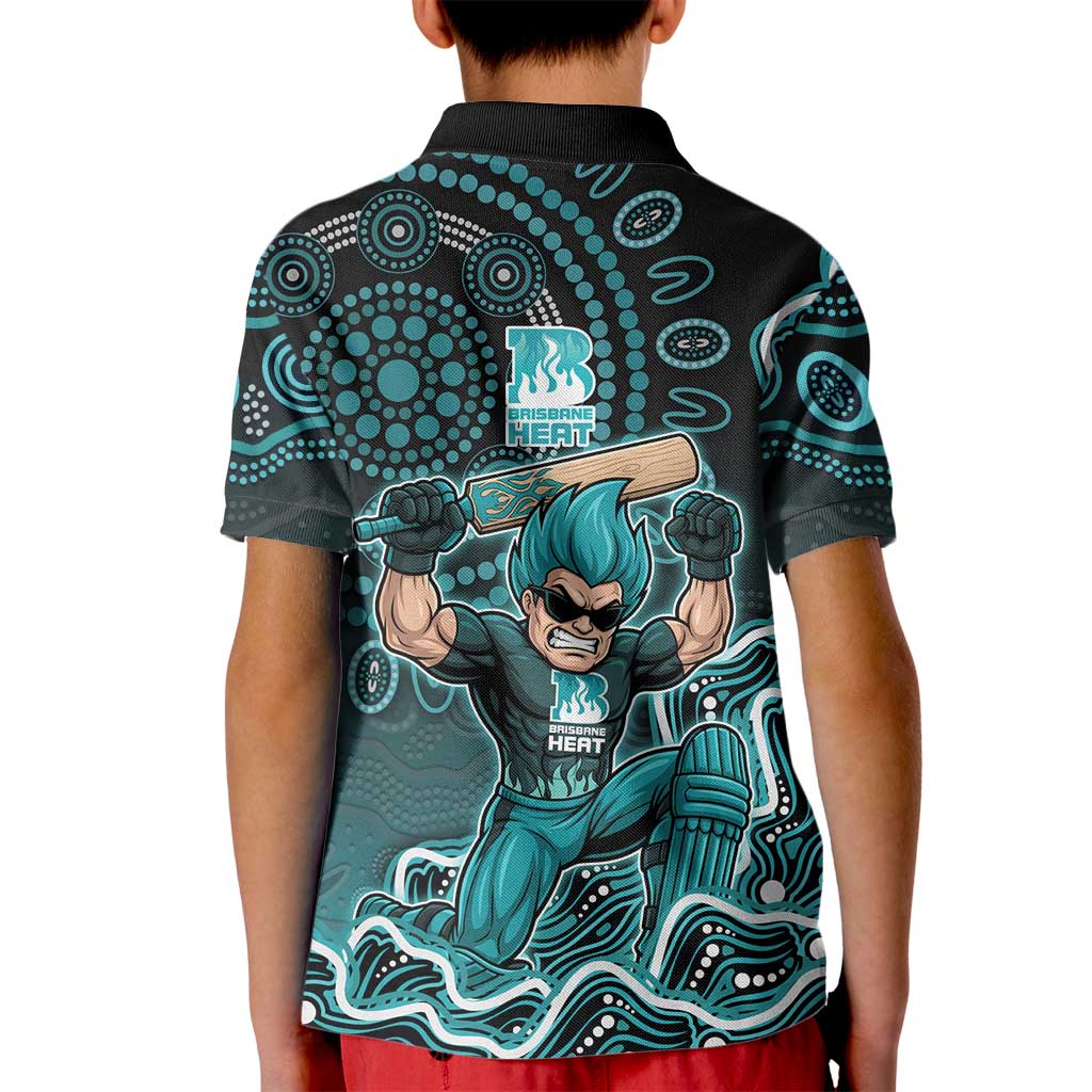 Brisbane Heat Cricket Mascot Kid Polo Shirt Aboriginal Dot Art Cyan And Black Tribal Pattern