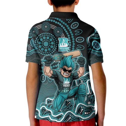 Brisbane Heat Cricket Mascot Kid Polo Shirt Aboriginal Dot Art Cyan And Black Tribal Pattern