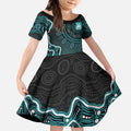 Brisbane Heat Cricket Mascot Kid Short Sleeve Dress Aboriginal Dot Art Cyan And Black Tribal Pattern
