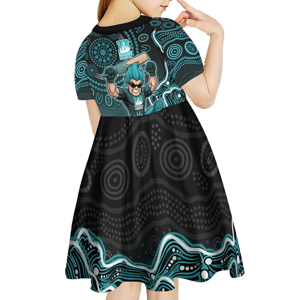 Brisbane Heat Cricket Mascot Kid Short Sleeve Dress Aboriginal Dot Art Cyan And Black Tribal Pattern