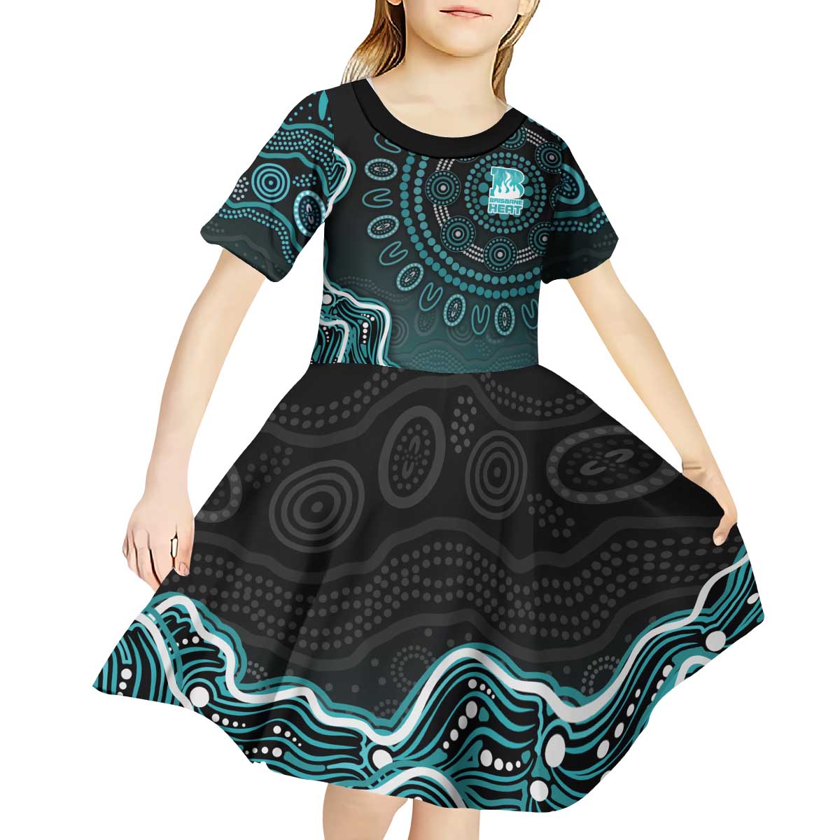 Brisbane Heat Cricket Mascot Kid Short Sleeve Dress Aboriginal Dot Art Cyan And Black Tribal Pattern