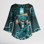Brisbane Heat Cricket Mascot Kimono Sleeve Blouse Aboriginal Dot Art Cyan And Black Tribal Pattern
