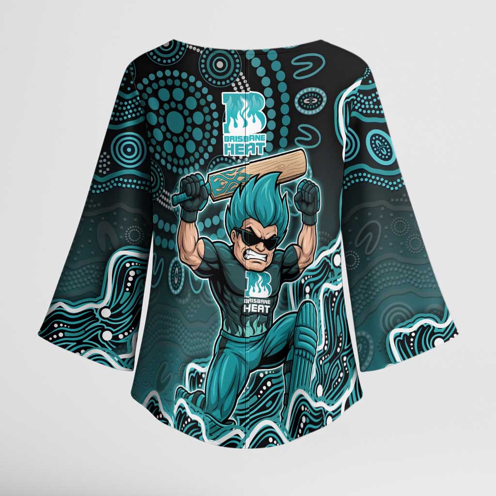 Brisbane Heat Cricket Mascot Kimono Sleeve Blouse Aboriginal Dot Art Cyan And Black Tribal Pattern
