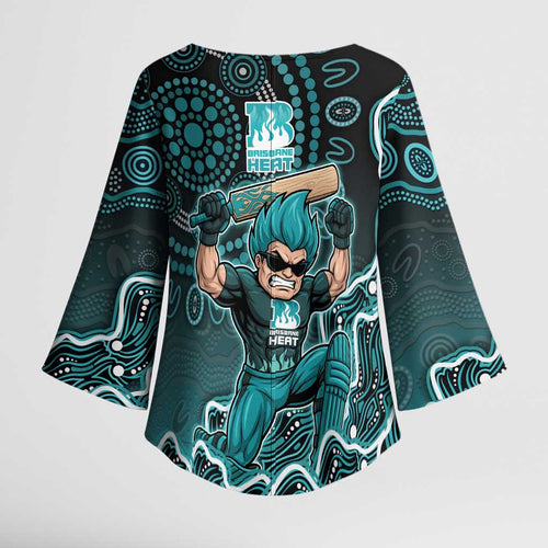 Brisbane Heat Cricket Mascot Kimono Sleeve Blouse Aboriginal Dot Art Cyan And Black Tribal Pattern