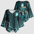 Brisbane Heat Cricket Mascot Kimono Sleeve Blouse Aboriginal Dot Art Cyan And Black Tribal Pattern