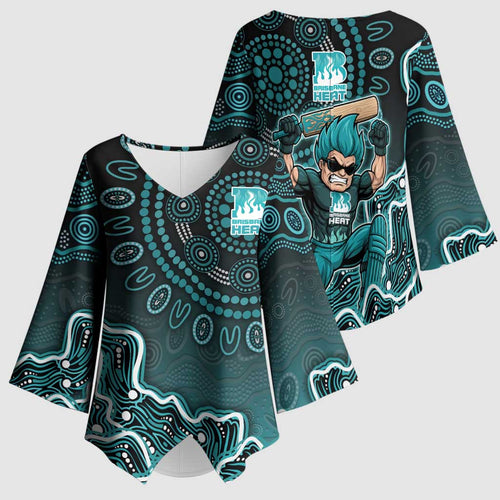 Brisbane Heat Cricket Mascot Kimono Sleeve Blouse Aboriginal Dot Art Cyan And Black Tribal Pattern
