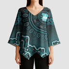 Brisbane Heat Cricket Mascot Kimono Sleeve Blouse Aboriginal Dot Art Cyan And Black Tribal Pattern