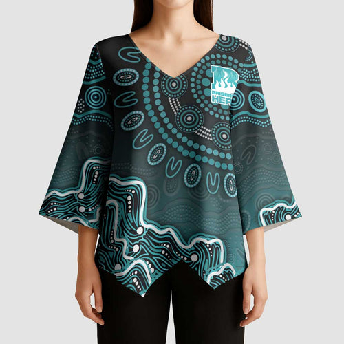Brisbane Heat Cricket Mascot Kimono Sleeve Blouse Aboriginal Dot Art Cyan And Black Tribal Pattern