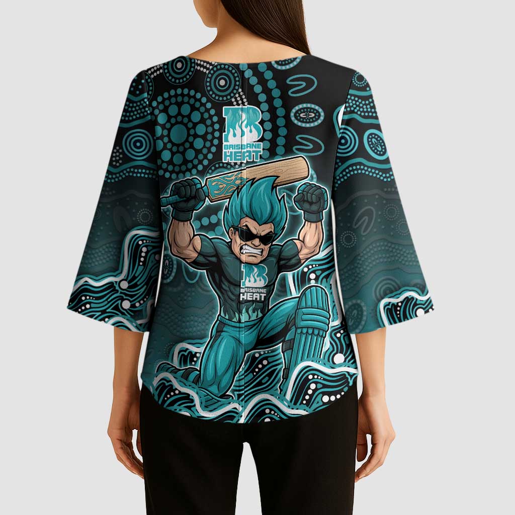 Brisbane Heat Cricket Mascot Kimono Sleeve Blouse Aboriginal Dot Art Cyan And Black Tribal Pattern