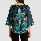 Brisbane Heat Cricket Mascot Kimono Sleeve Blouse Aboriginal Dot Art Cyan And Black Tribal Pattern